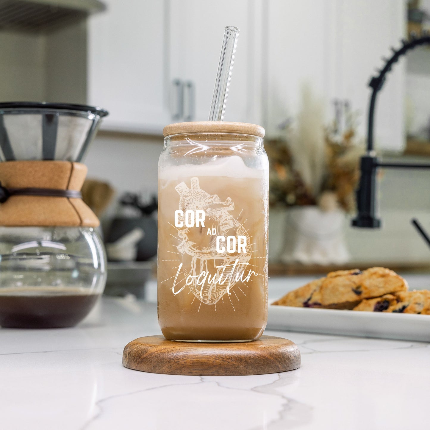 'Cor ad Cor' Glass Coffee Cup with Straw